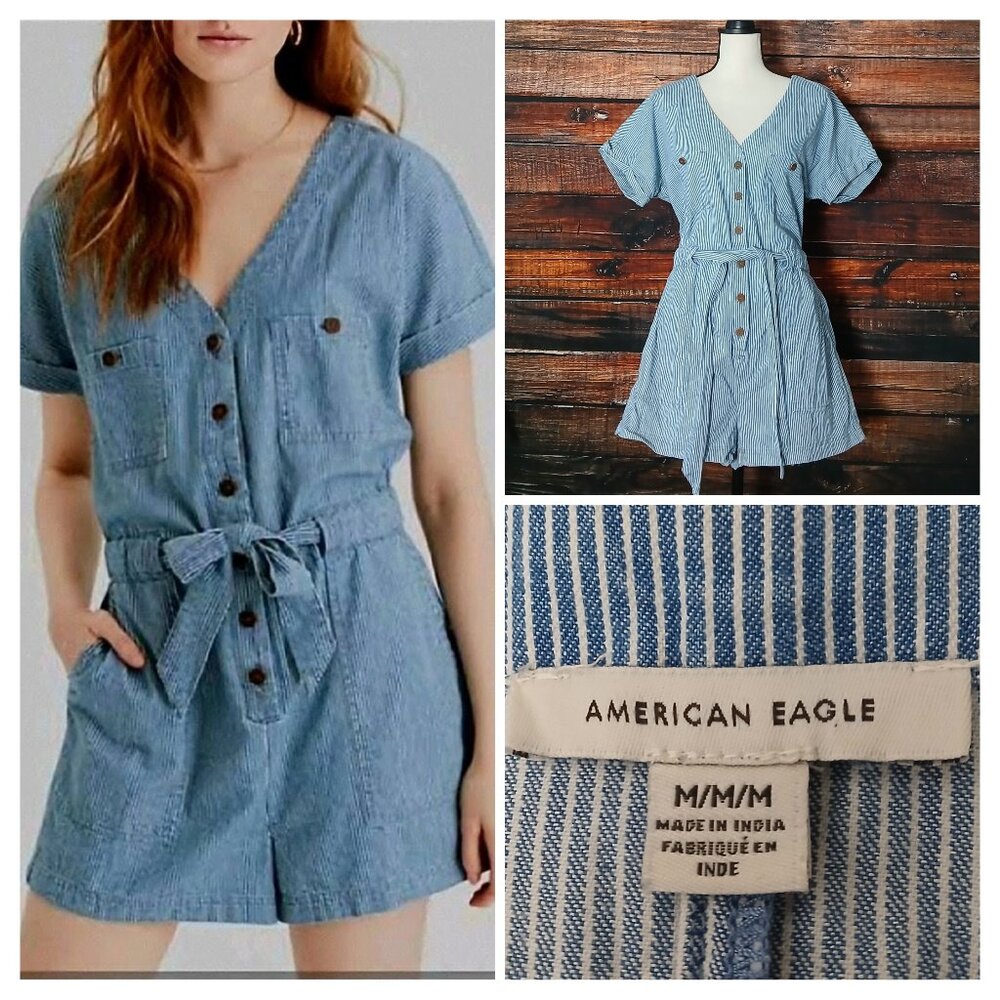 American Eagle Romper M Blue White Striped 100% Cotton Shorts Jumpsuit